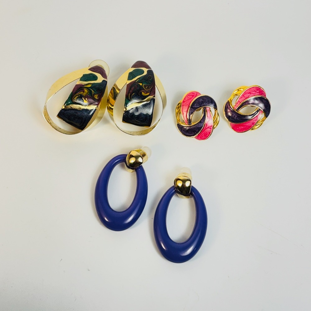 Vintage Earring Set Multicolor Acrylic Enamel 80s Statement Boho Lot 3 Pairs